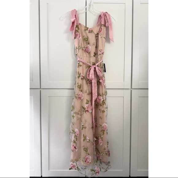 Lulu's Nude/Pink Floral Tie Strap Midi Dress Prom Wedding Guest Party Formal NEW - Picture 5 of 16
